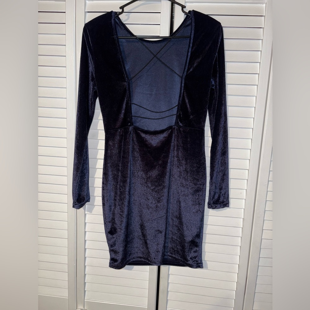 SHEIN Deep Blue Velvet Long Sleeve Dress